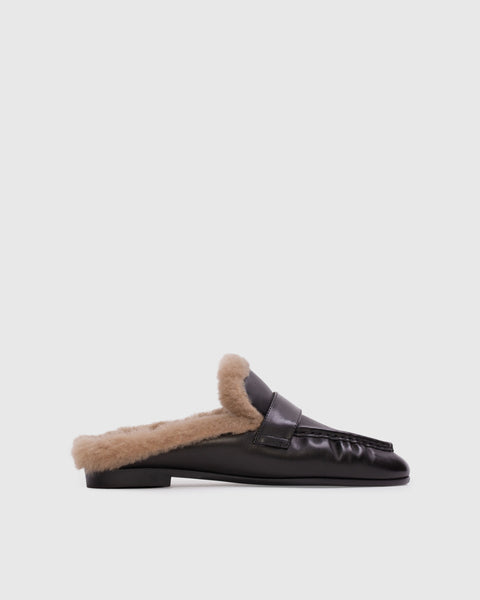Black Suede Studio Theo Mule Black Leather Mules for Women